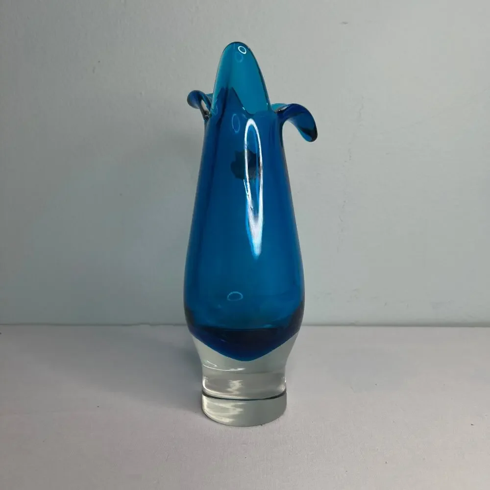 Vintage Capri Blue Case Glass Vase Czech Bohemian Sommerso Hand Blown Art - Picture 2 of 10